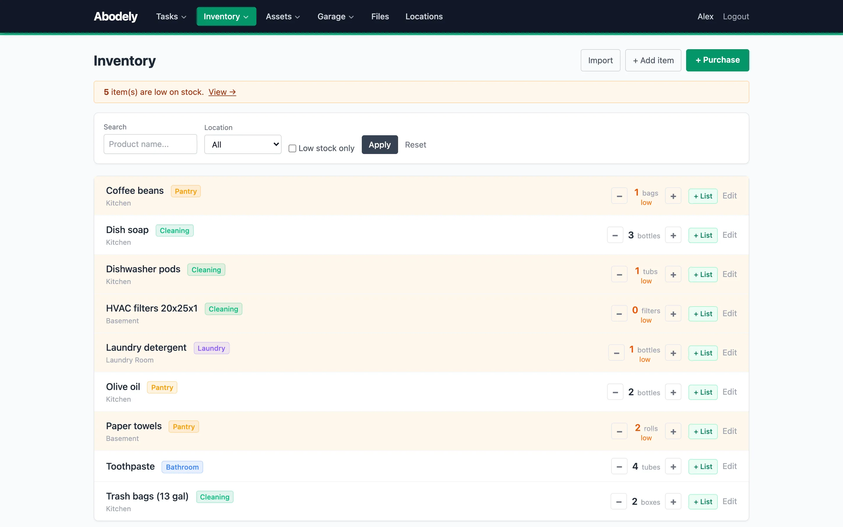 Abodely inventory with stock levels, product groups, and low-stock flags