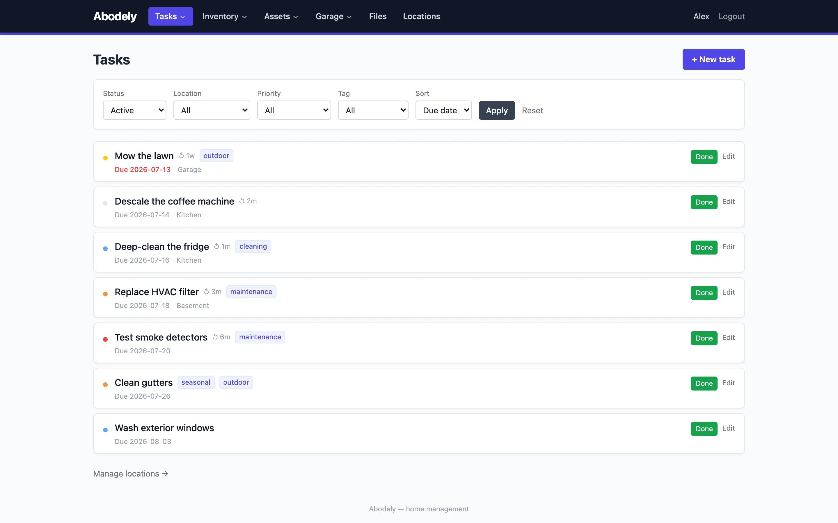 Abodely tasks list with recurring chores, priorities, tags, and due dates